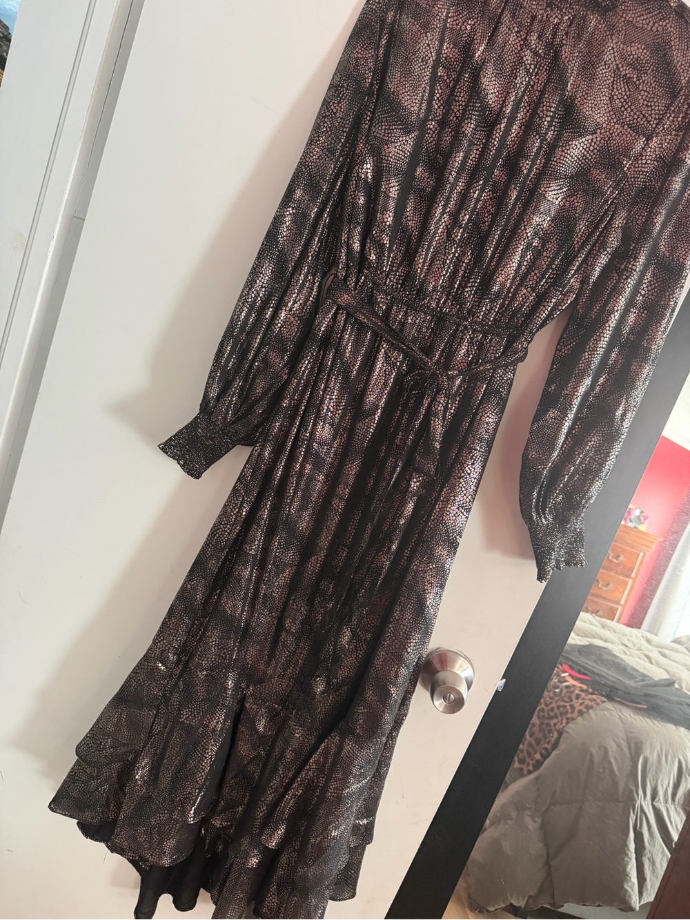 Long Sleeve Metallic Brown Print Maxi Dress
